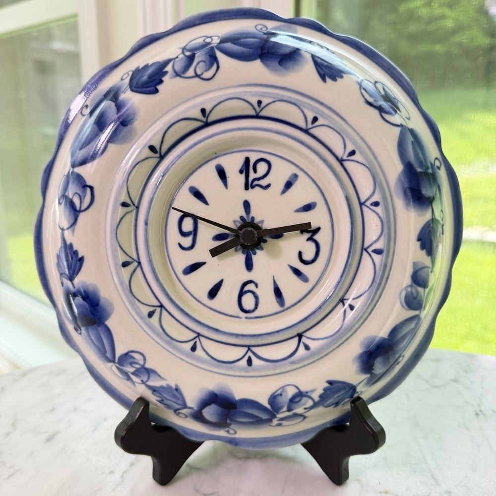 VTG Gzhel Russian Porcelain Wall Clock Blue White Delft Style Chinoiserie Plate